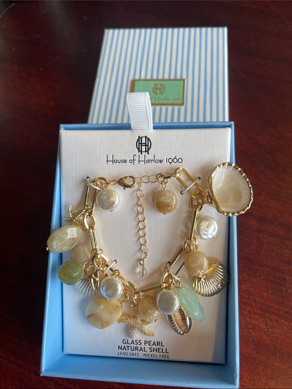 House of Harlow 1960 Gold Tone Pearl & Shell Charm Bracelet - Cream & Pale Green